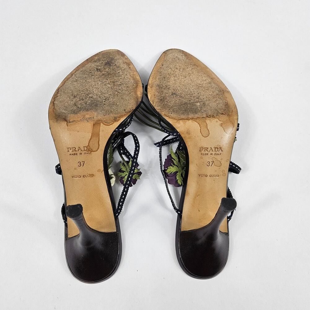 Vintage Prada Heels Leather Flower Mules Y2k - Size 37 (7) - Picture 6 of 7